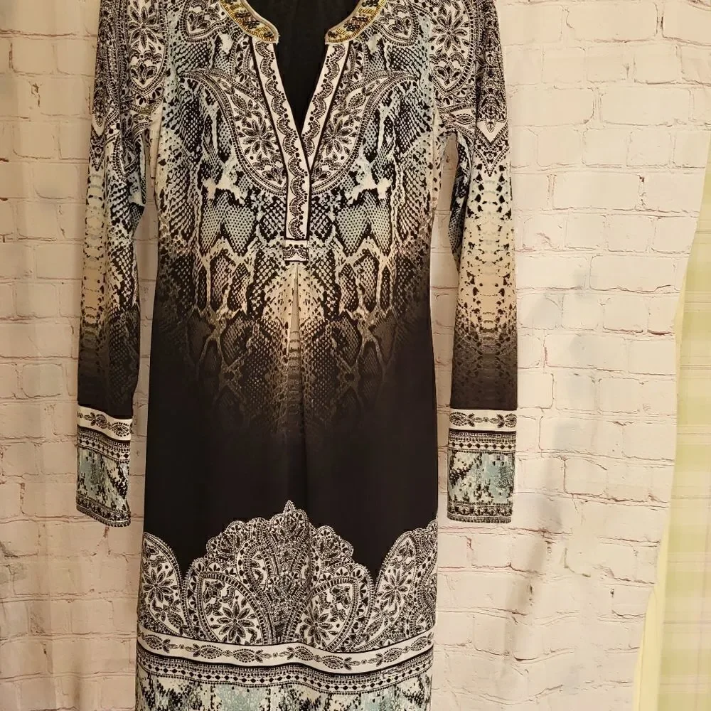 New Hale Bob Paisley Print Jersey Shift Dress Long Sleeve sz.XS ret.$216